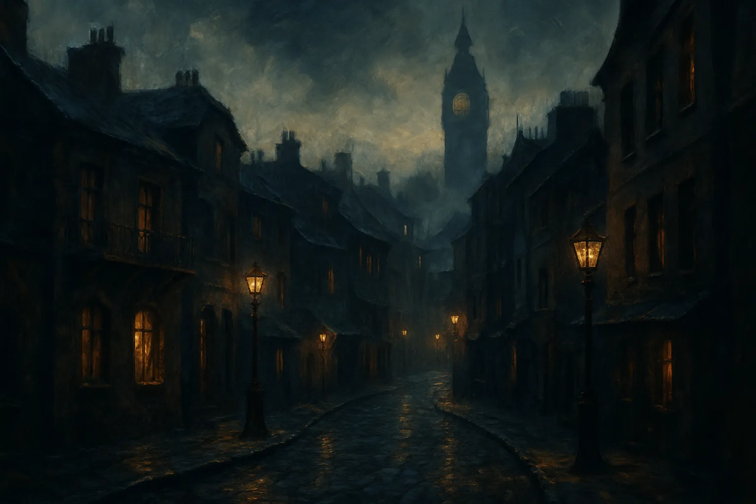 Background painting of A misty city of cobblestones, shadows, and glowing gas lamps at twilight.
