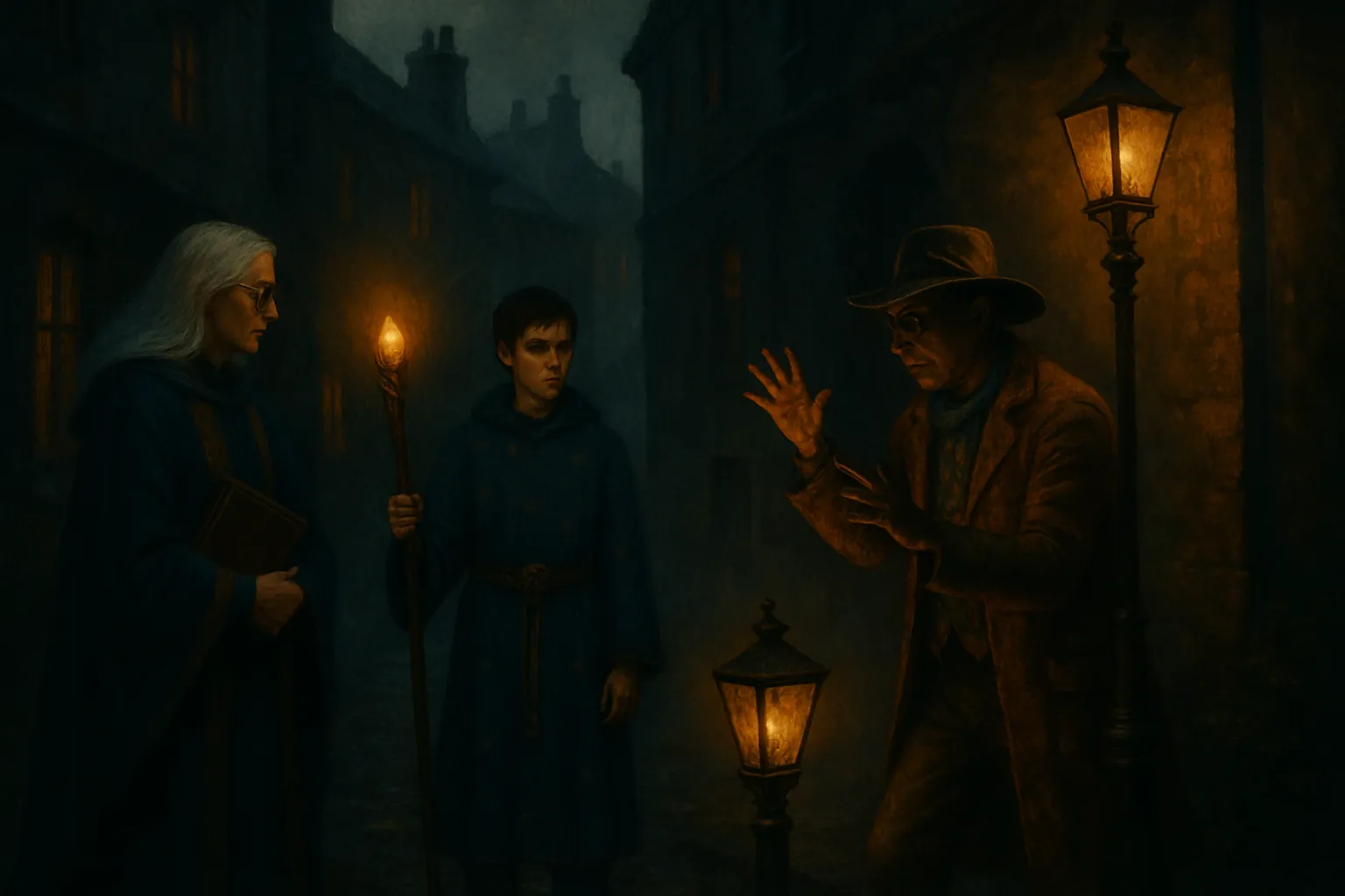 Ils surprennent Bastien en train de manipuler discrètement une lampe magique dans l'ombre d'une ruelle.