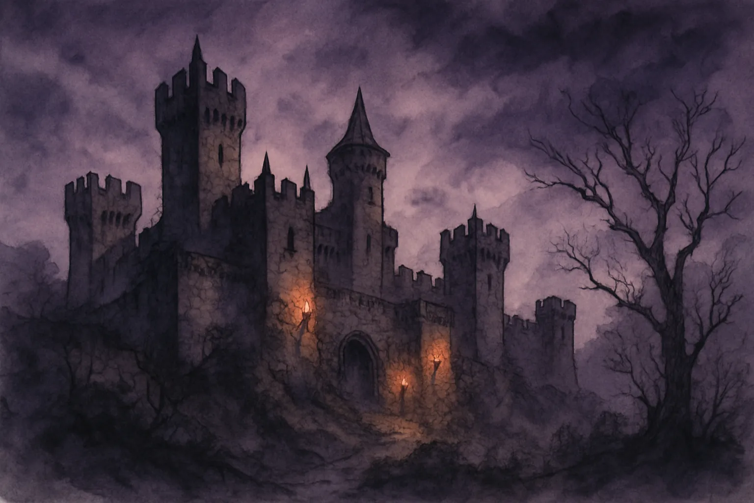 Background painting of An ancient castle shrouded in mist and shadow forms a mysterious backdrop.