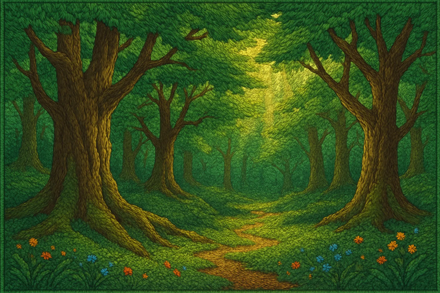 Background painting of An ancient woodland glowing with dappled sunlight and vibrant life.