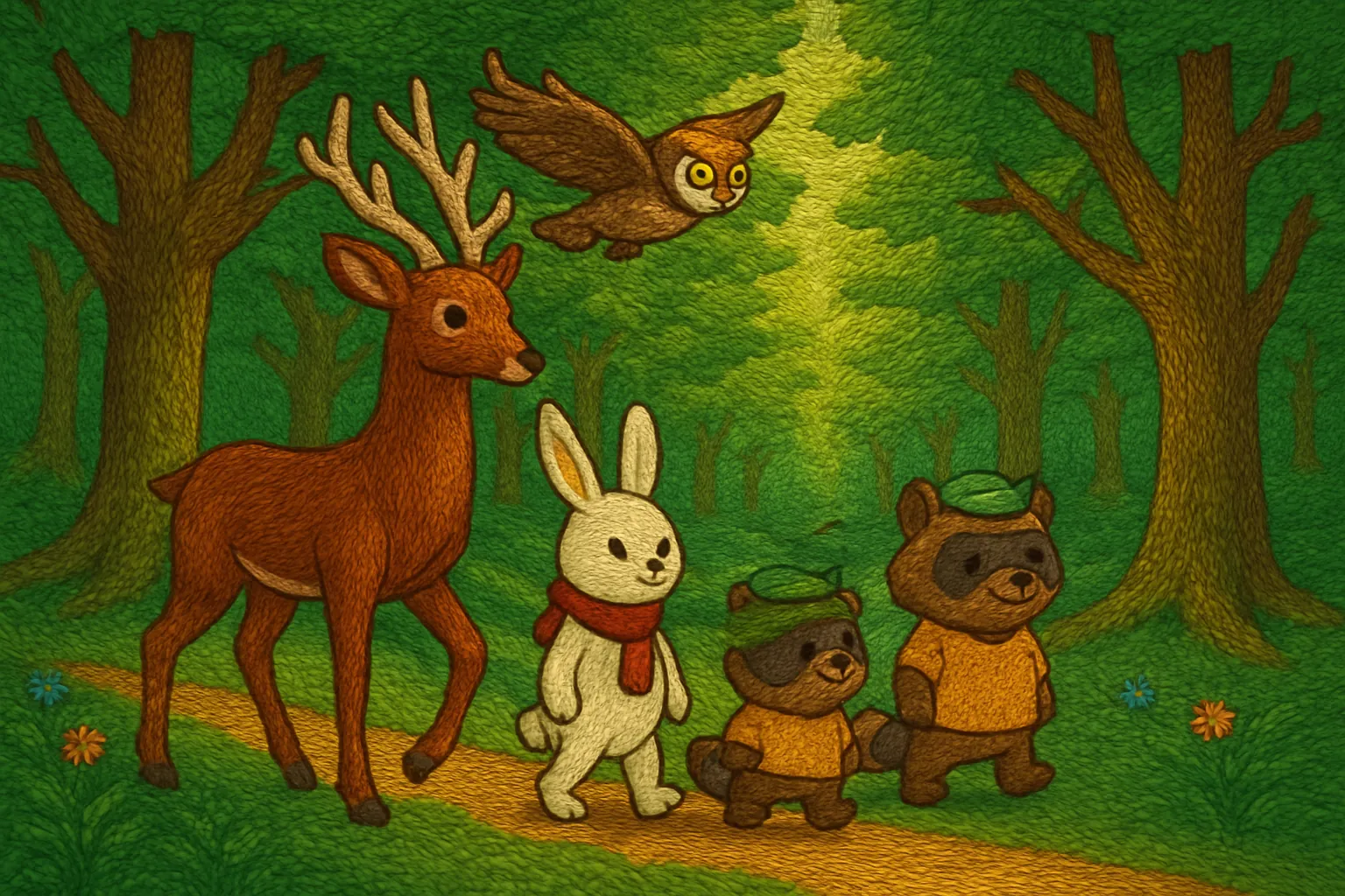 シカ、ウサギ、フクロウが協力して光の通る道を見つけ出し、タヌキを無事に連れ戻す。森の平和が保たれる。
