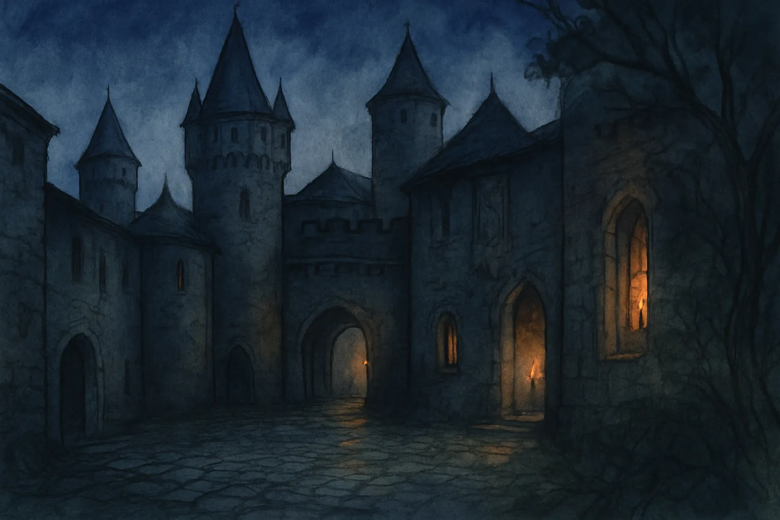 Background painting of Misty ancient castle with shadowed halls and whispering woods outside.