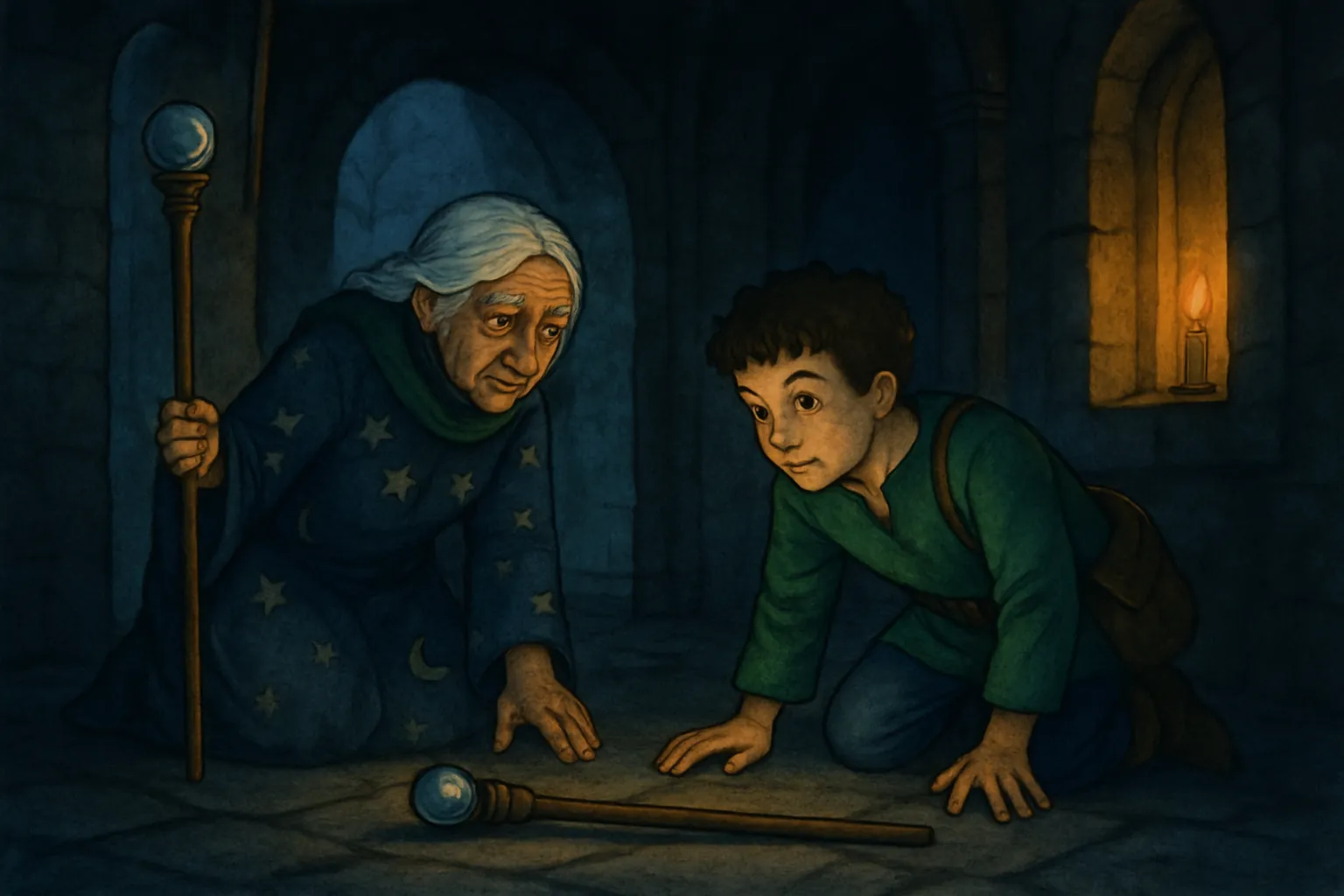Mira and Finn find Thorn's magic staff lying on the cold stone floor in a shadowed hall.