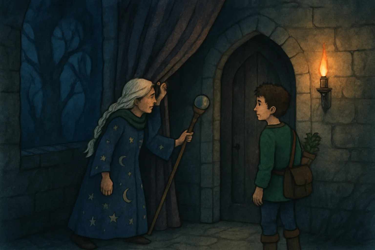 They follow the soft whispers to a secret door hidden behind a heavy curtain in the hall.