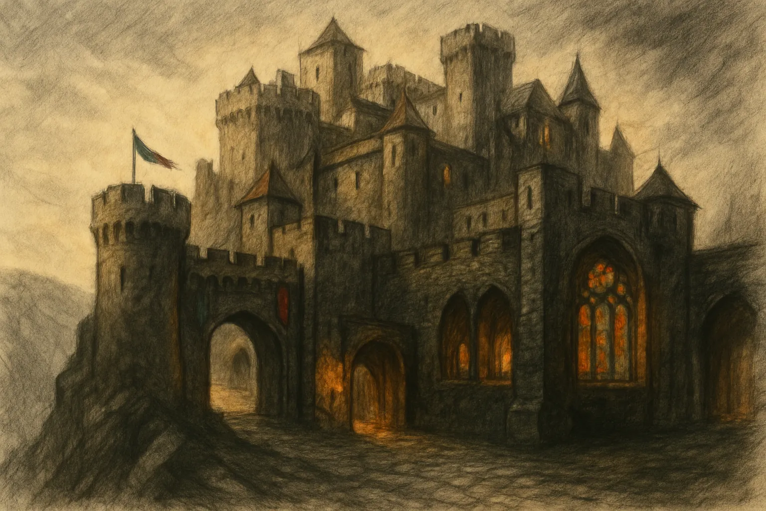 Background painting of A medieval stone castle atop a hill, bustling with castle life.