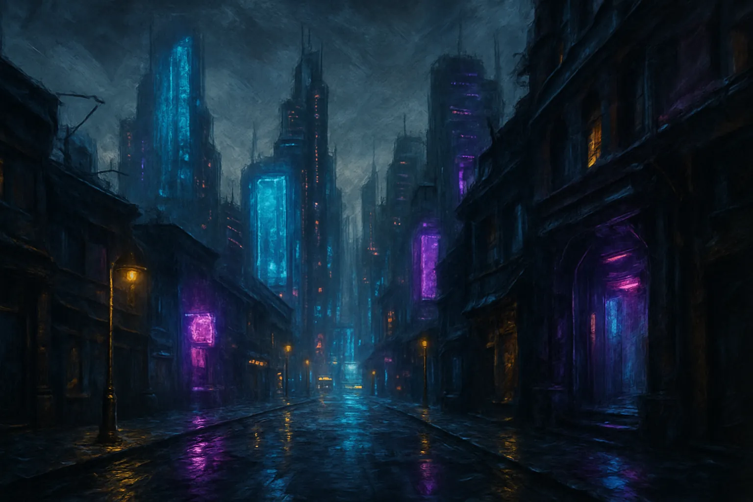 Background painting of A foggy, neon-lit cityscape dominated by shadow and technology.