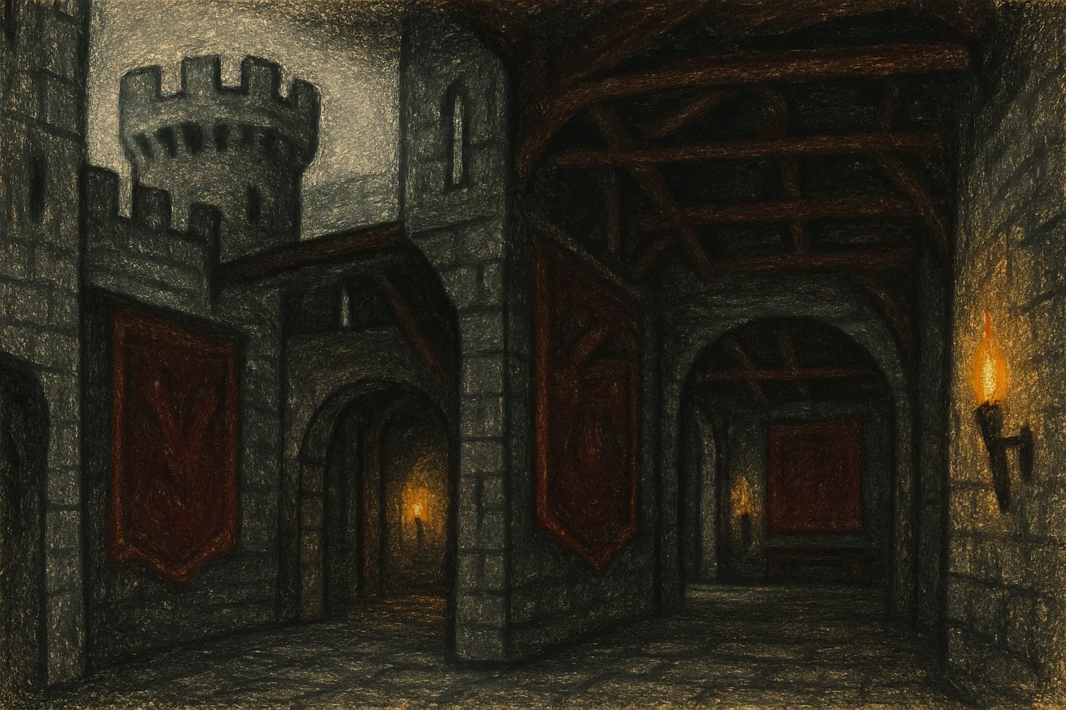 Background painting of A shadowy medieval castle harbouring secrets and four skilled knights.