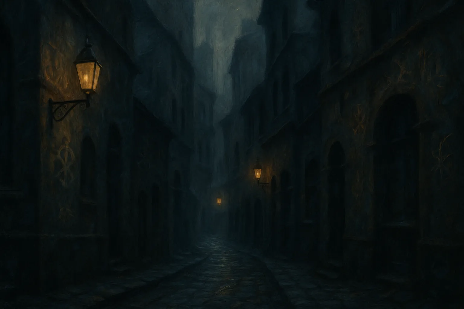 Background painting of A misty, magic-infused city where lessons and mischief intertwine.