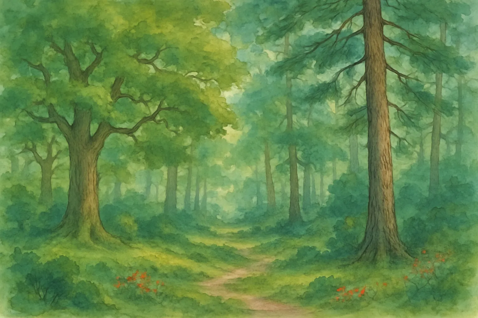 Background painting of A sun-dappled ancient forest where four animals share their stories.