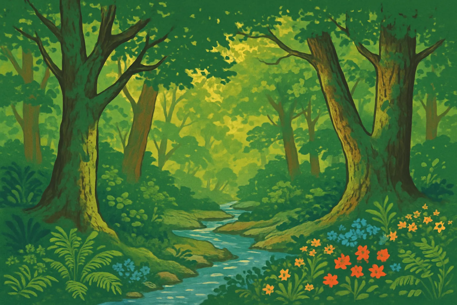 Background painting of An enchanted forest where four animal friends embark on adventures.