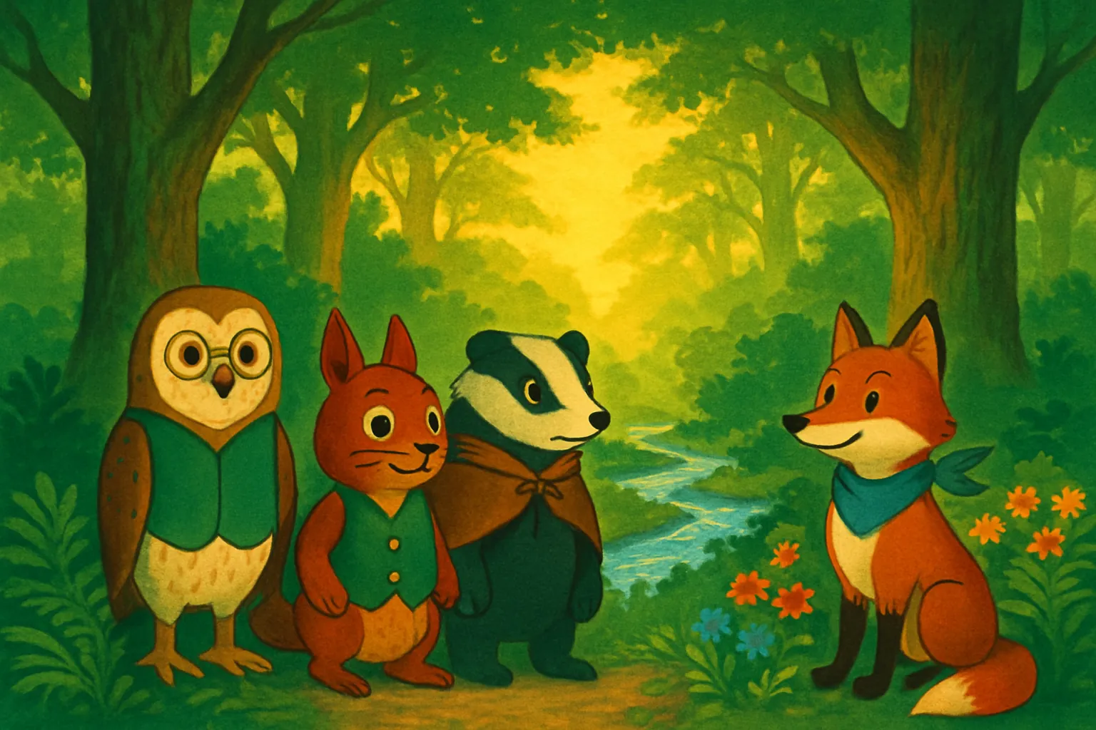 The four friends discover a glowing grove in the enchanted forest and decide to seek its secret.