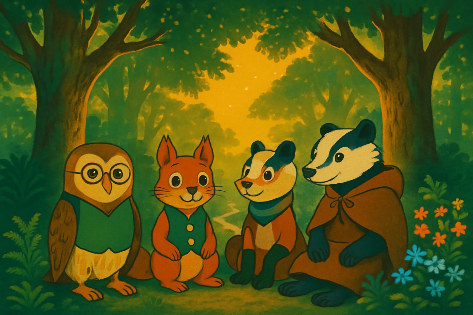 With the crystal restored, the grove glows brightly again; the friends celebrate and return home content.