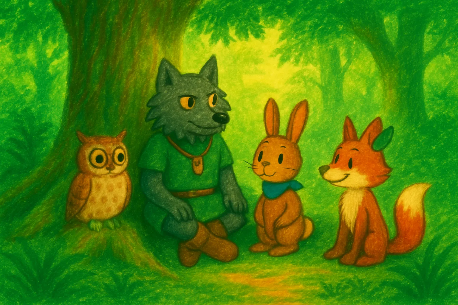 Lobo and friends enjoy the forest and talk about its beauty.