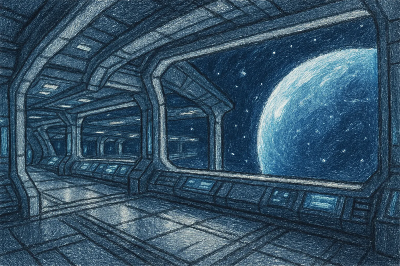 Background painting of Four robots explore a distant, luminous space station together.