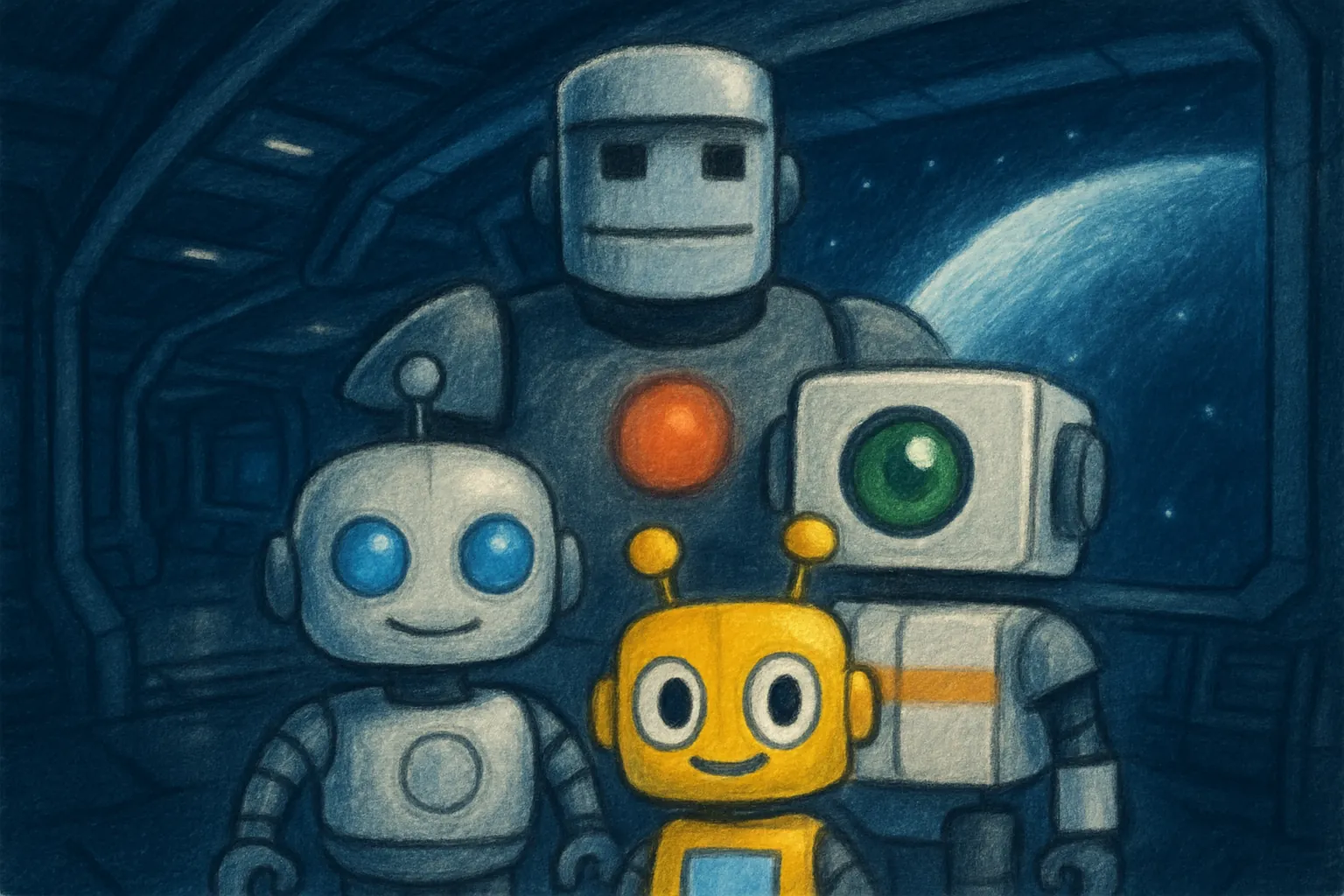 Les robots et la station brillante