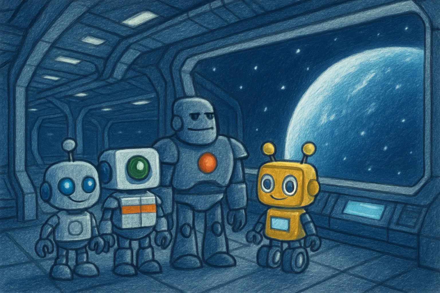 Four robots explore a big, bright space station happily together.