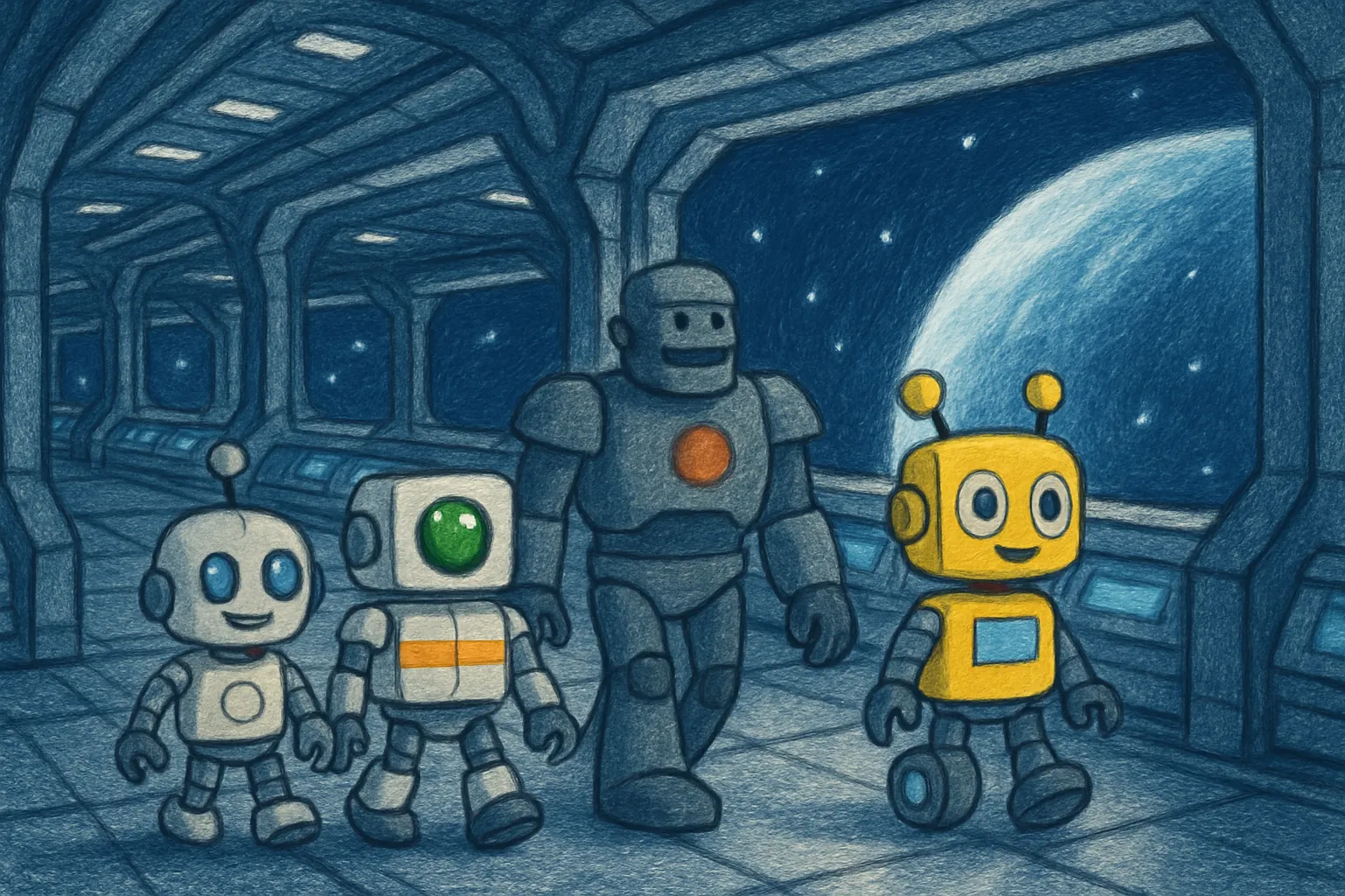 The robots celebrate and continue exploring happily in the bright station.