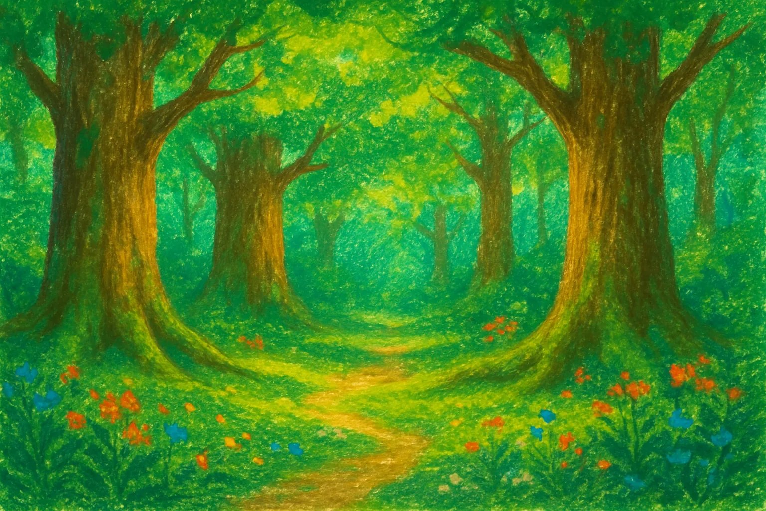 Background painting of A lush, ancient forest where four animal friends embark on their adventures.