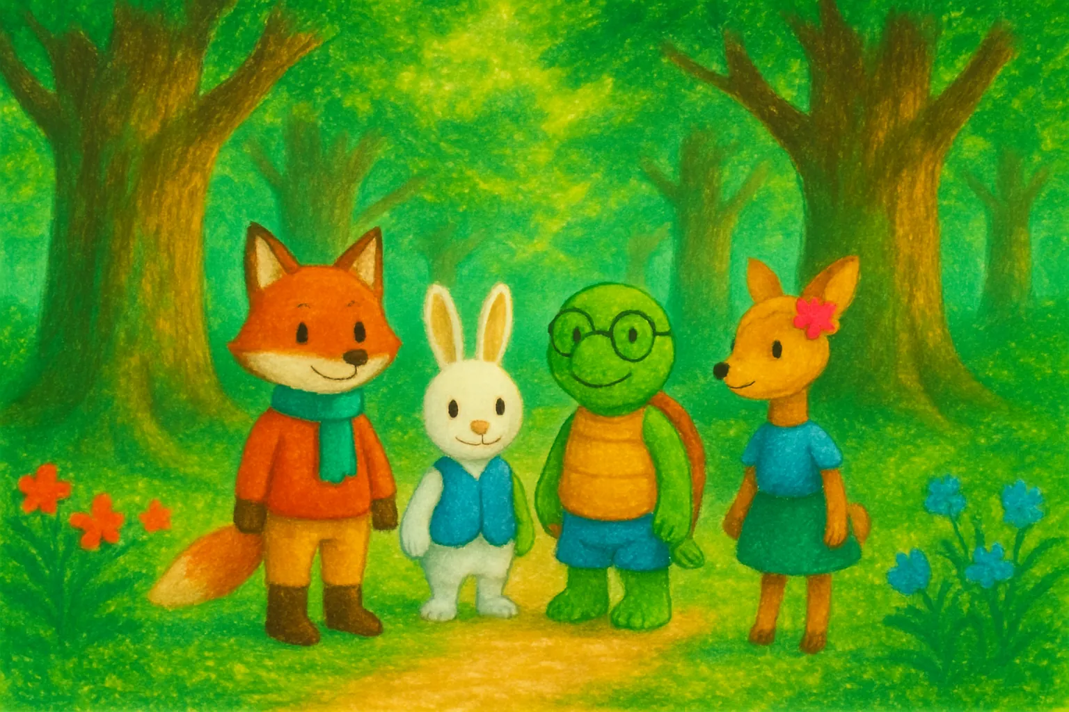 たろう、みみ、かめ、はなは森で遊びます。