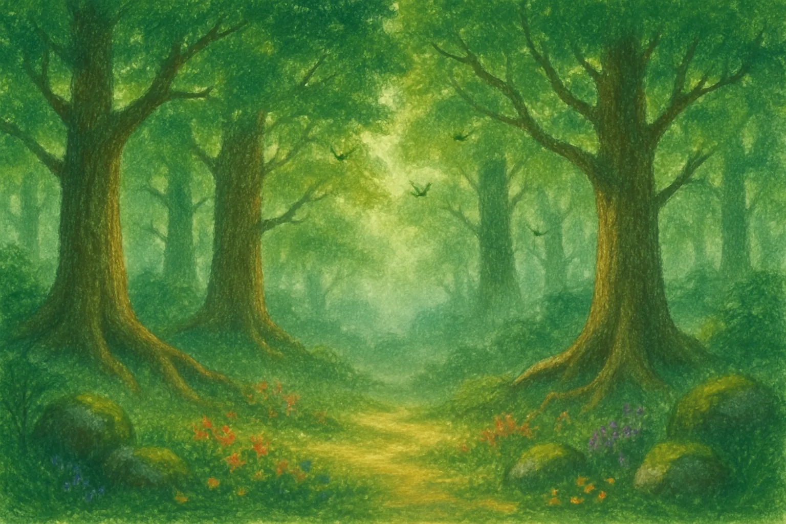 Background painting of A vibrant, sunlit forest where four animal friends embark on adventures.