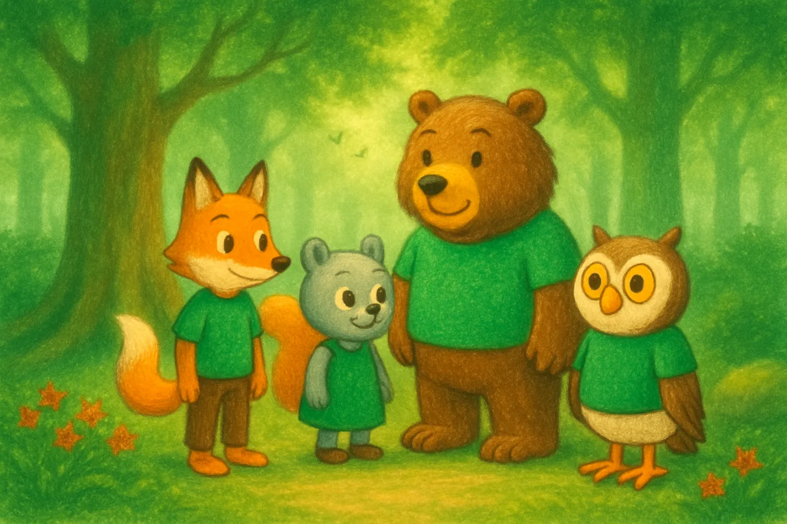 Les quatre amis parlent d'un trésor caché dans la forêt.