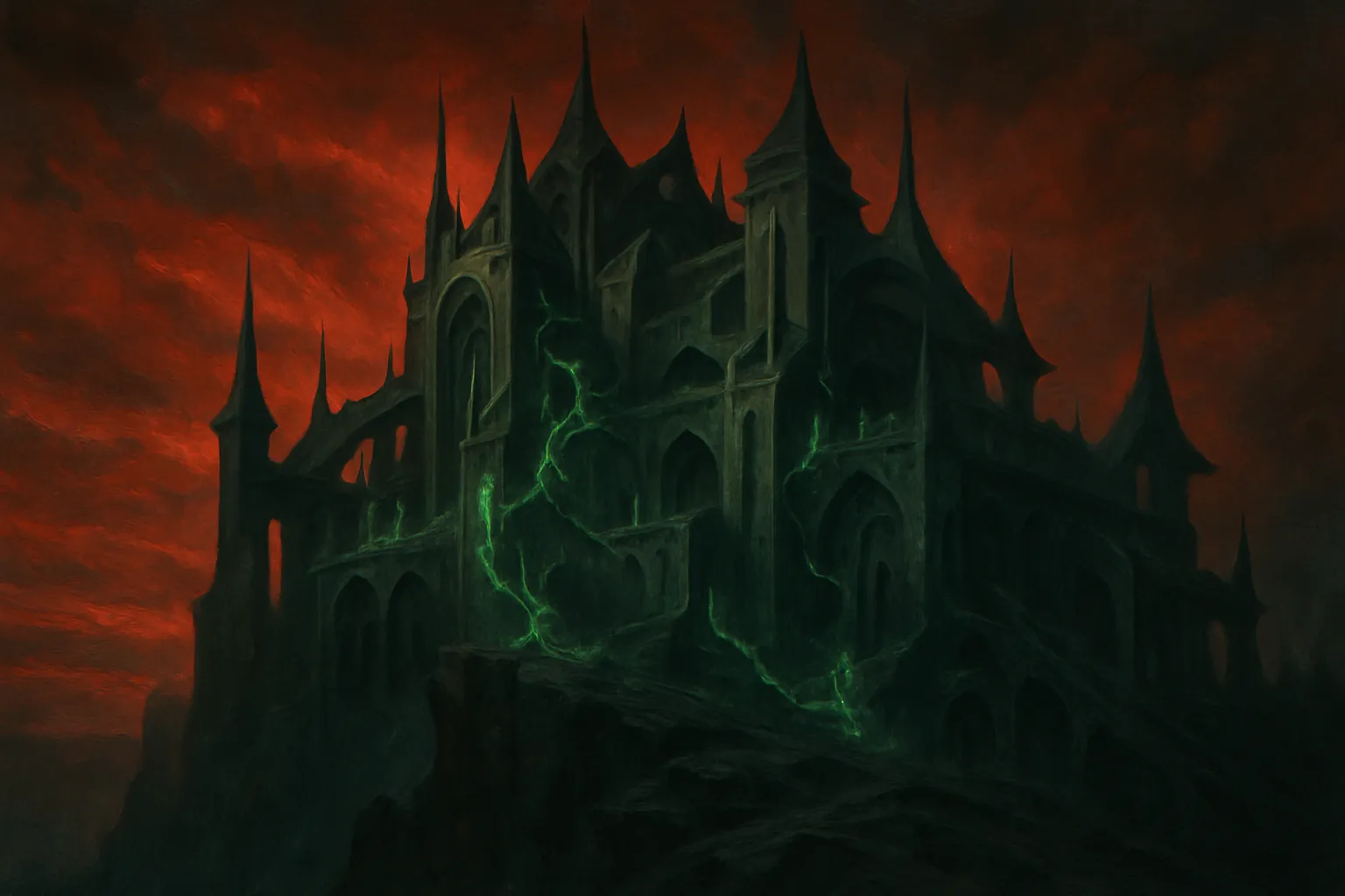 Background painting of An ancient alien castle shrouded in eerie light on a hostile planet.