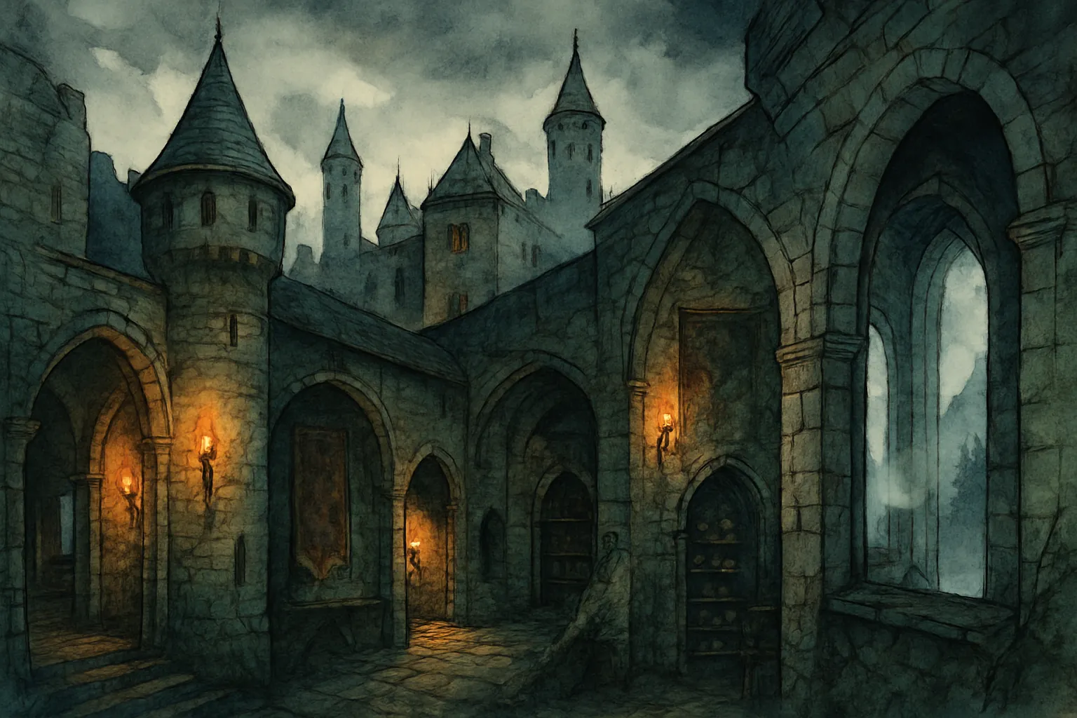 Background painting of A mysterious medieval castle where wizards guard secrets and teach magic.