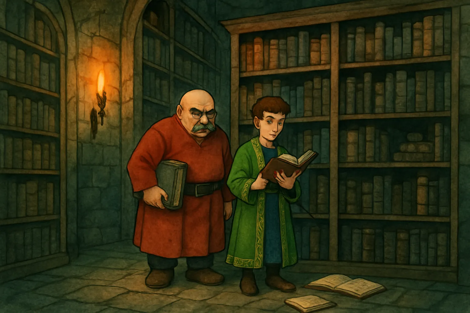 Ivor and Mira look for the book in the library.