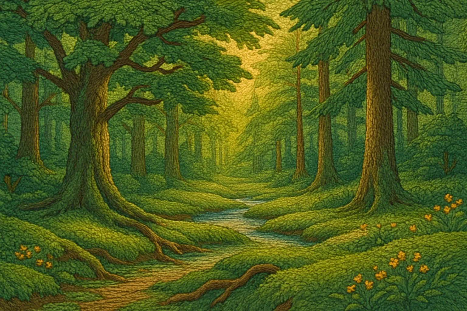 Background painting of A sunlit ancient forest where four animal friends solve challenges together.
