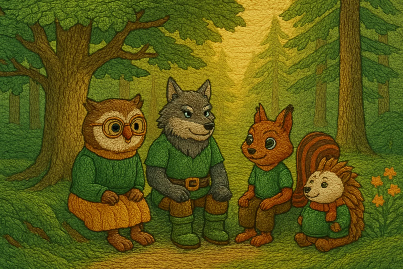 Frieda, Bruno, Lina und Theo treffen sich in ihrem alten, von Sonnenlicht durchfluteten Wald, um gemeinsam einen Sommernachmittag zu genießen.