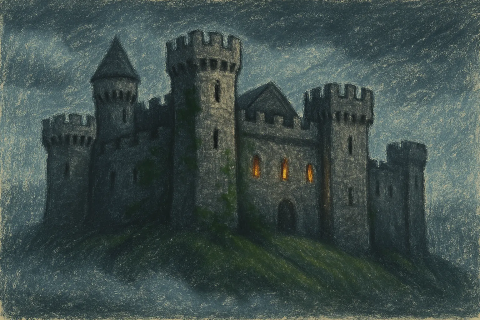 Background painting of A foggy medieval castle sheltering four loyal knights.