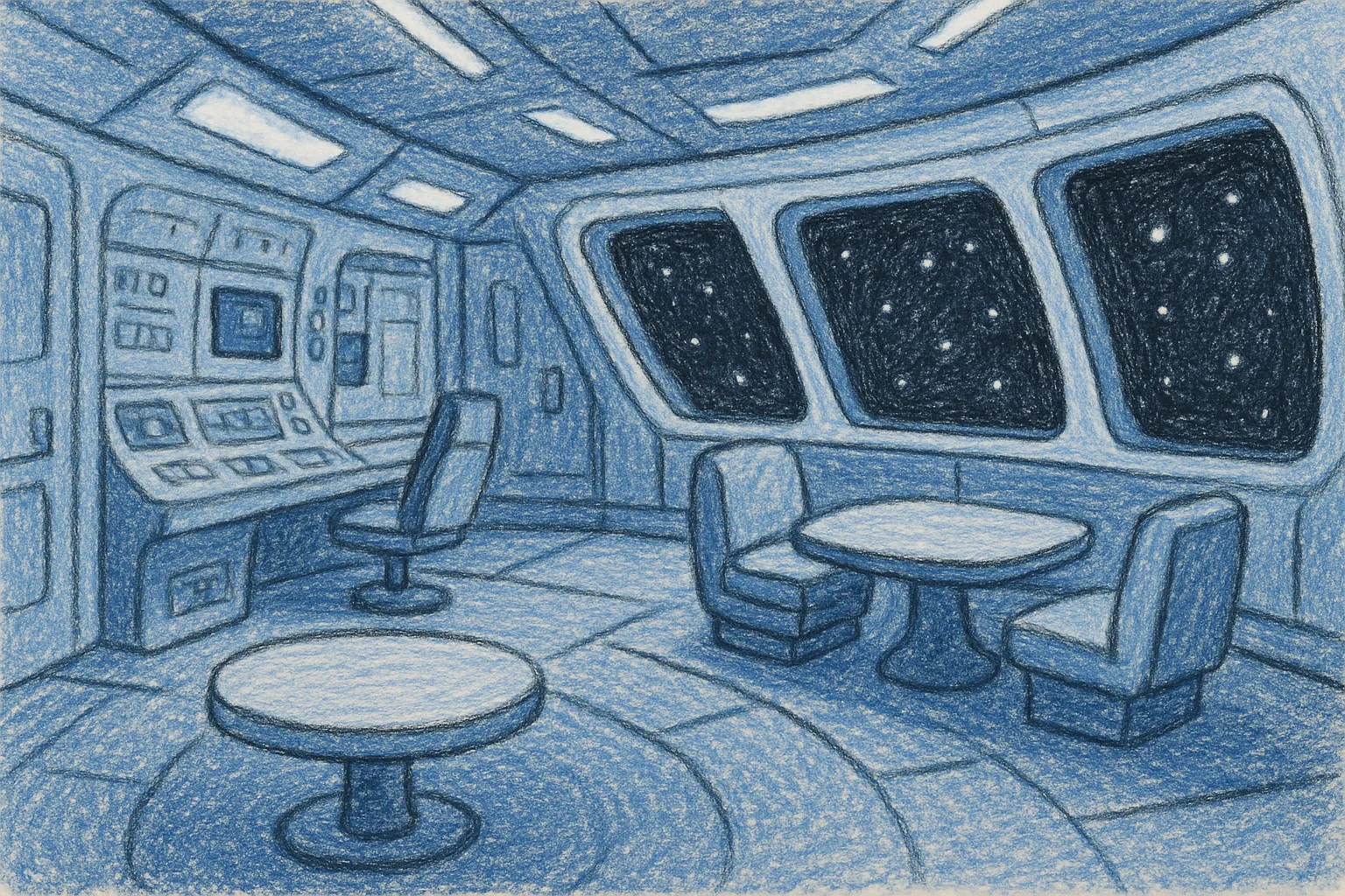 Background painting of Four robots forge friendship aboard their space exploration ship.