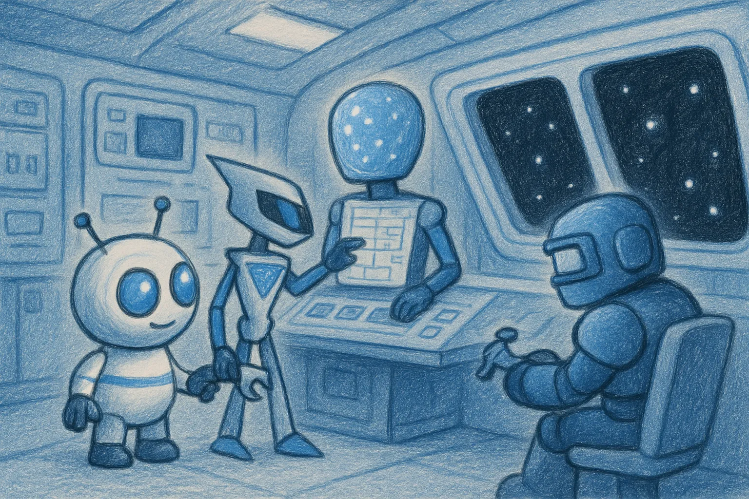 La kvar robotoj kunlaboras, uzante ĉiu sian kapablon por ripari la ŝipon.