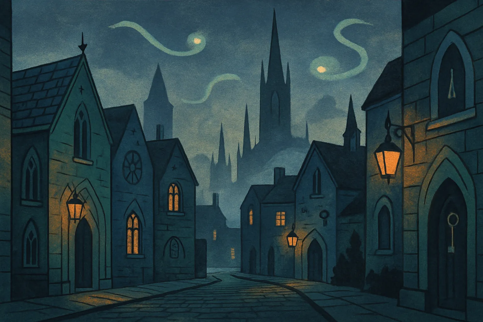 Background painting of A foggy gothic city shrouded in arcane mystery and shadows.