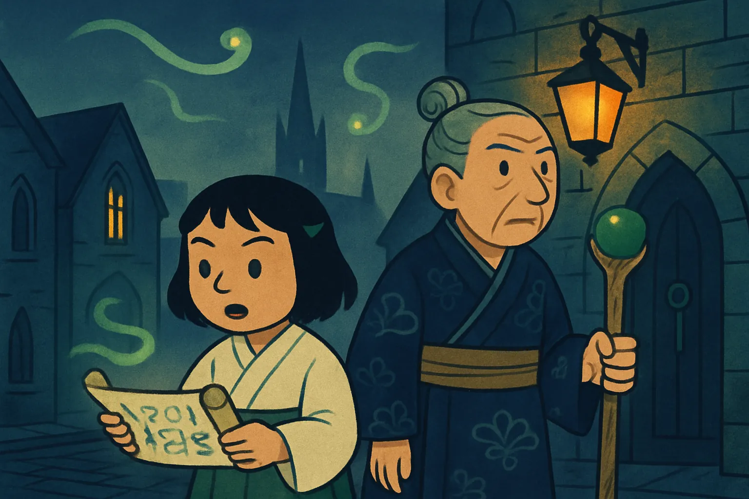 蓮は巻物の魔法を試すが、謎の影が彼らを追う。