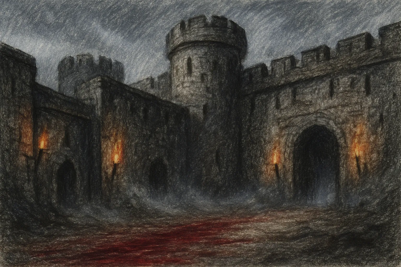 Background painting of A battered castle harbouring grimdark knights and their support.