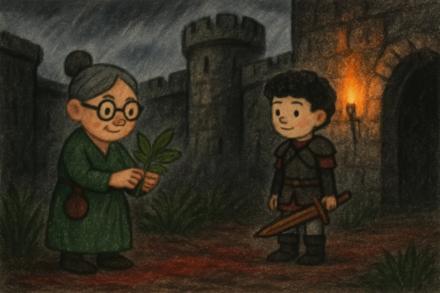 Gwen finds a rare herb in the castle garden. She gives medicine.