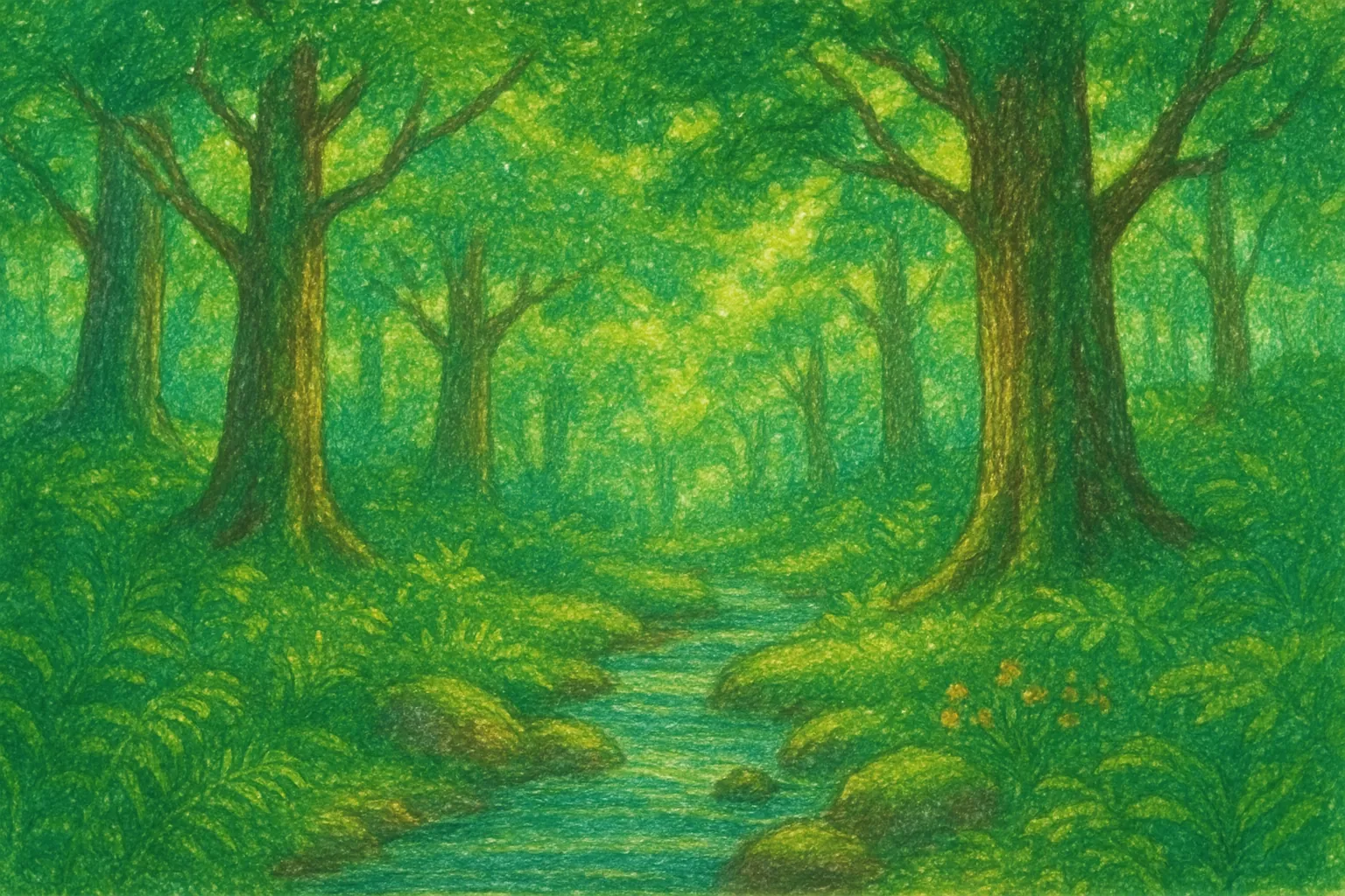 Background painting of A vibrant forest where four animal friends embark on adventures together.