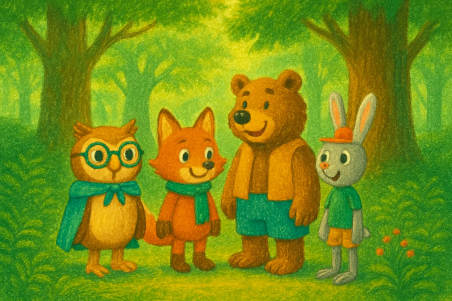 Four friends meet in the forest to play games together.