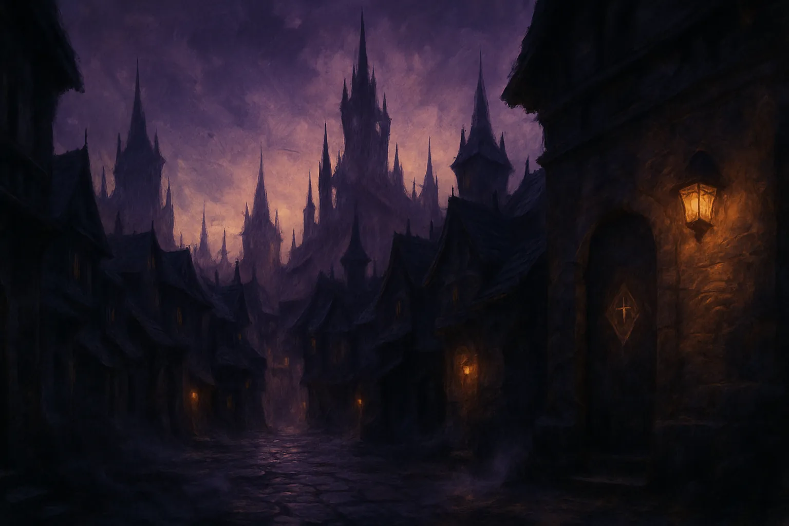 Background painting of A mystical city cloaked in shadows and arcane secrets.
