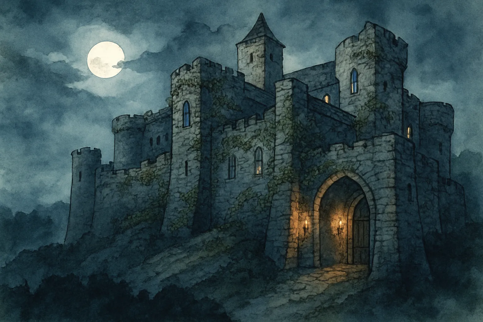 Background painting of An ancient castle shrouded in moonlit mystery and shadowed secrets.
