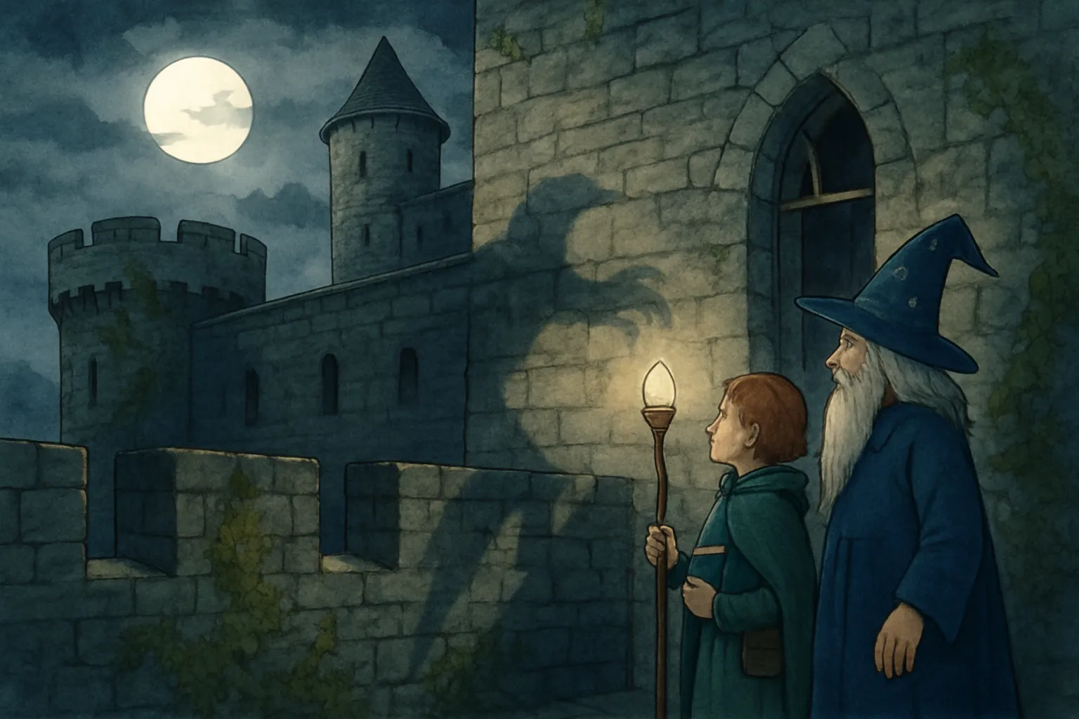 Milo and Lina see a shadow moving in the castle at night.