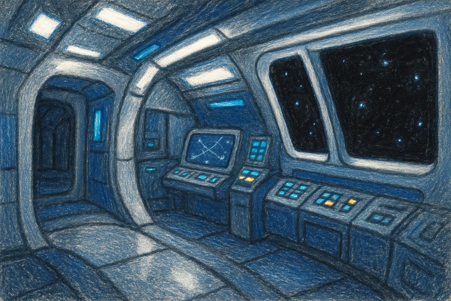 Background painting of A futuristic spaceship interior where four robots collaborate on a mission.