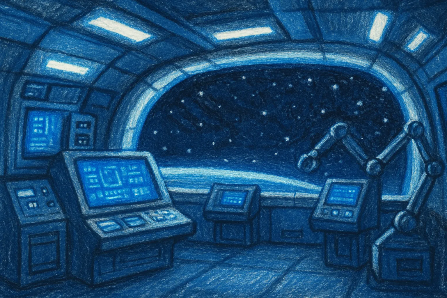 Background painting of Four robots navigate their deep space mission with friendship and teamwork.