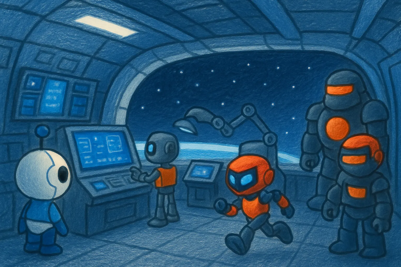 Los cuatro robots trabajan juntos en una misión espacial.