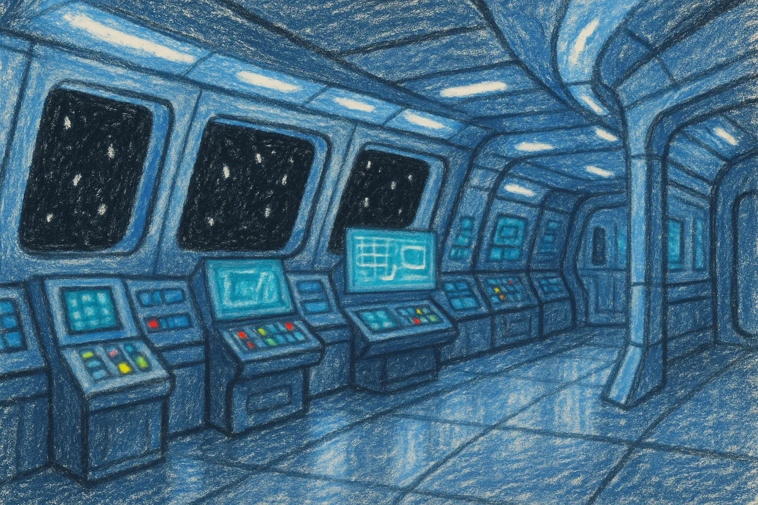 Background painting of A spaceship interior where four robot friends share space adventures.