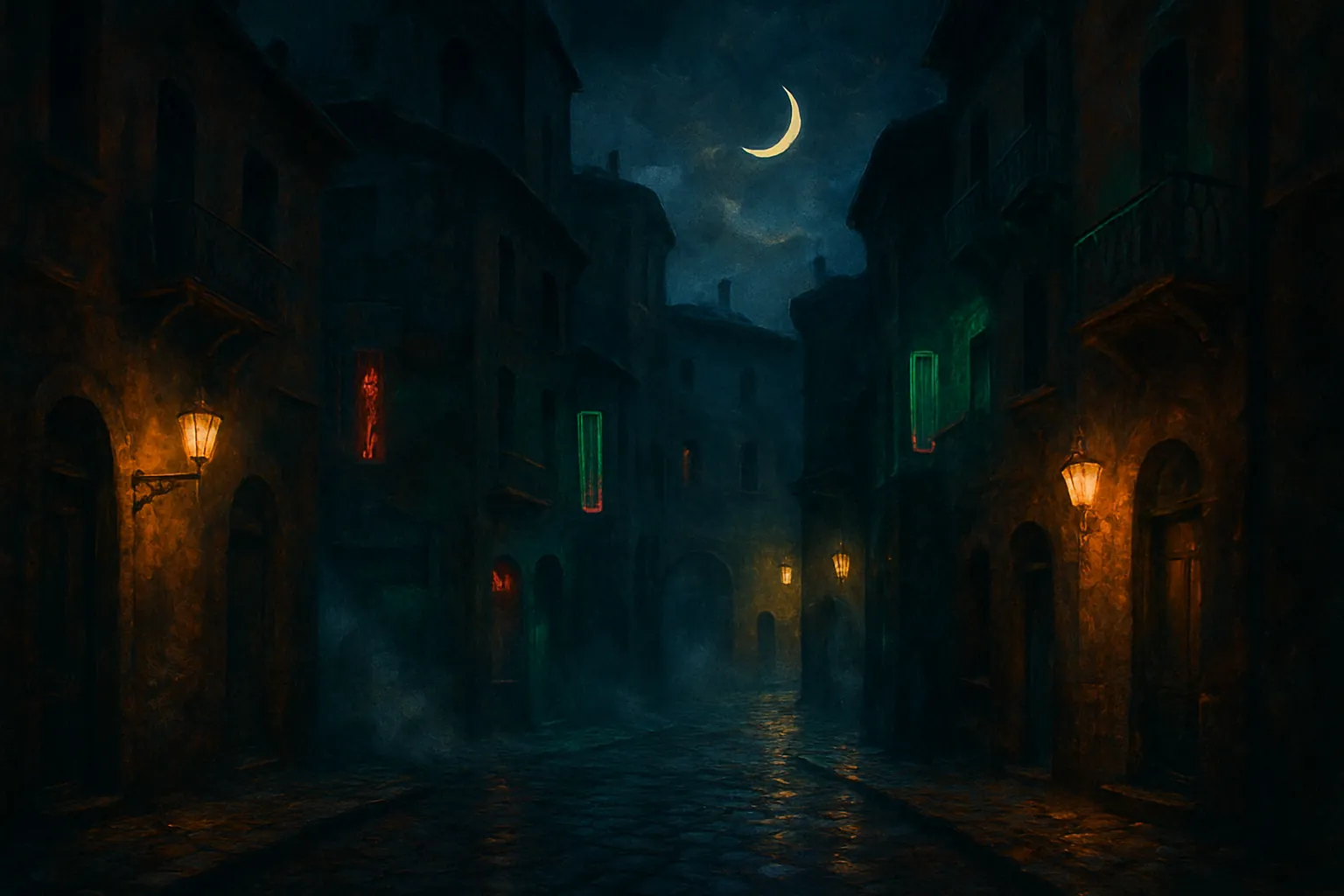 Background painting of A fog-laden ancient city at twilight with shadowed streets and flickering lights.
