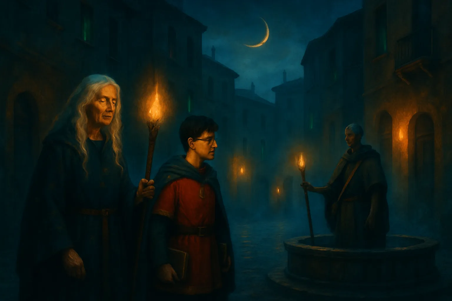 Luna and Rex see Zara near the old fountain at twilight and follow her.