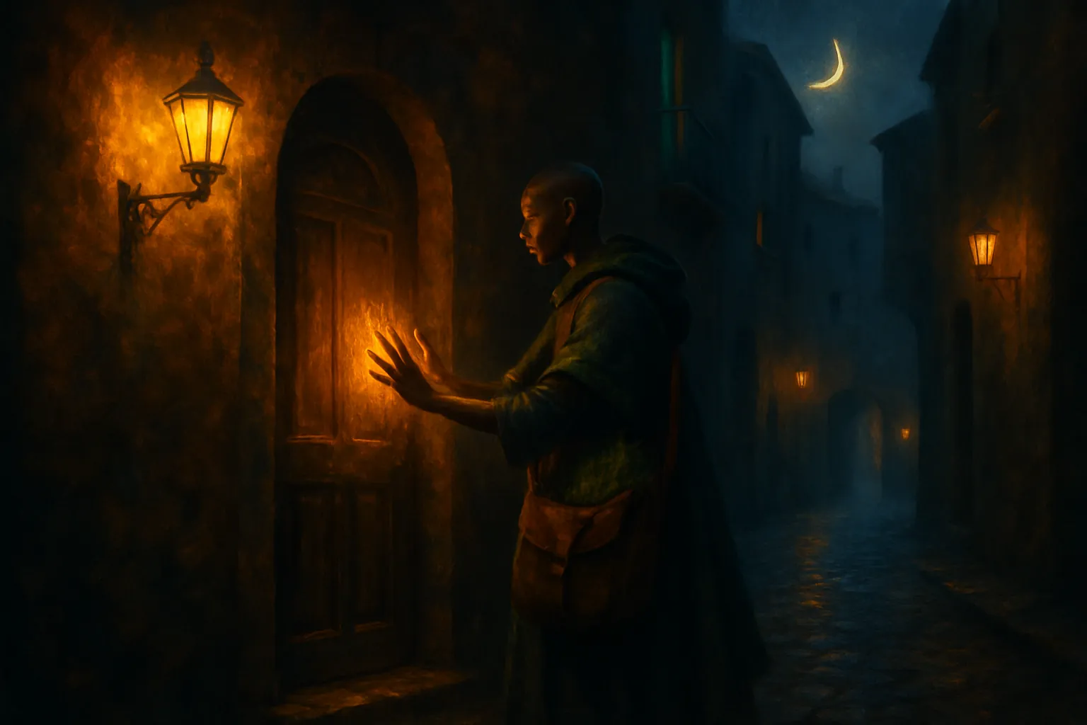 Zara stops at a dark door and uses magic to open it quietly.