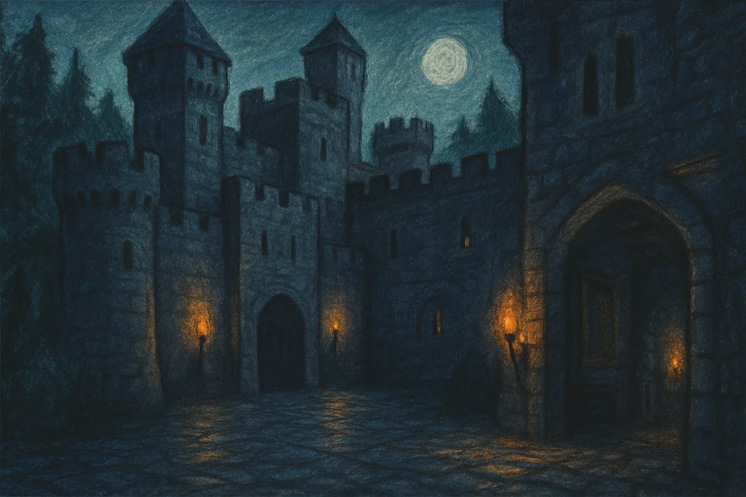 Background painting of A mysterious medieval castle guarded by knights and a squire.